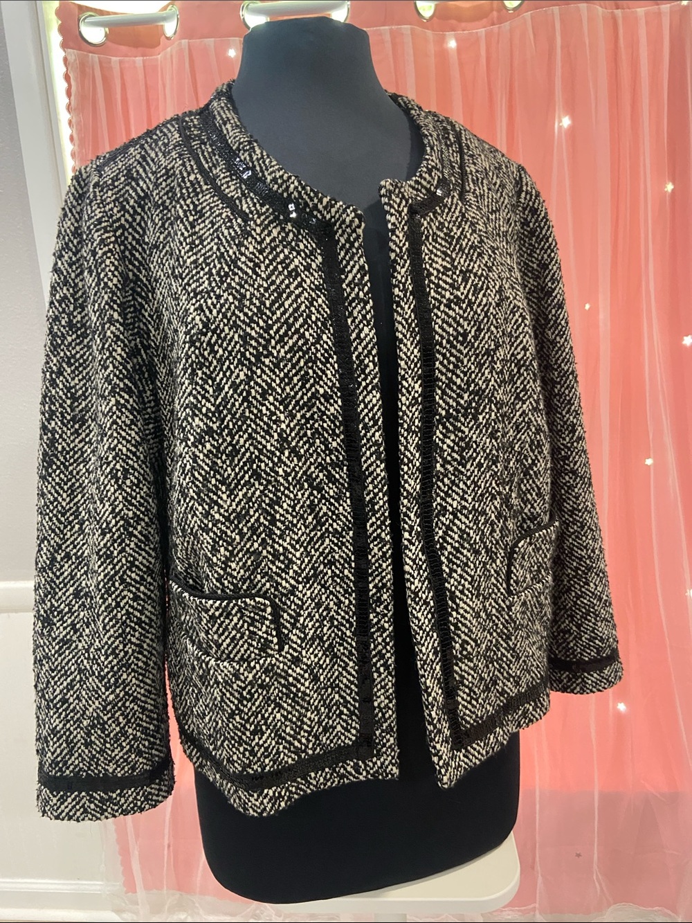Cynthia Rowley Black and White Tweed Open-Front Jacket size XL